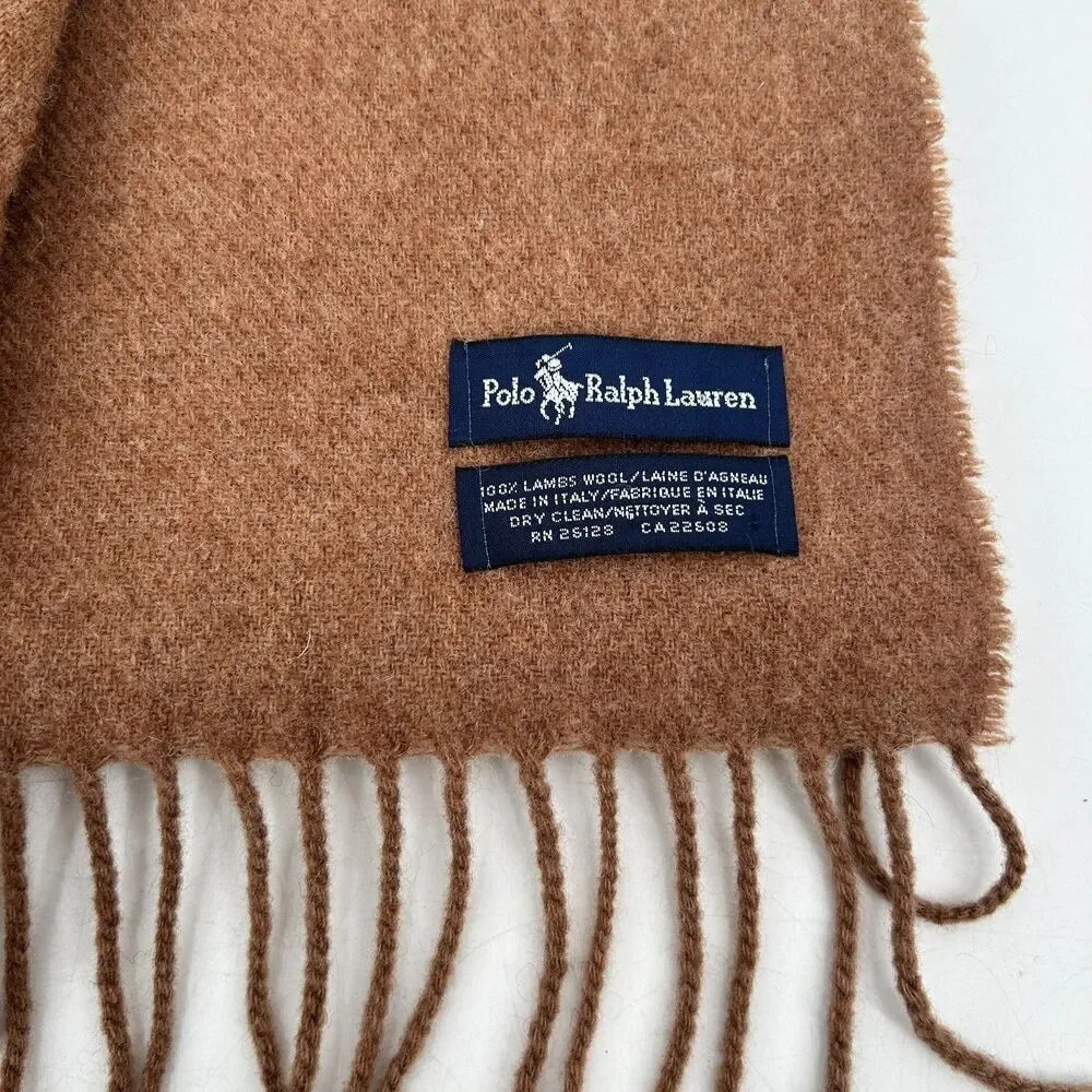 POLO RALPH LAUREN Vintage Brown 100% Lambs Wool Embroidered Pony Fringe Scarf